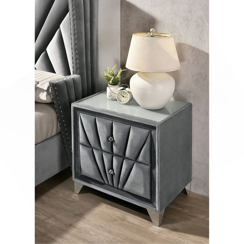Table de chevet rembourrée en tissu avec 2 tiroirs, gris