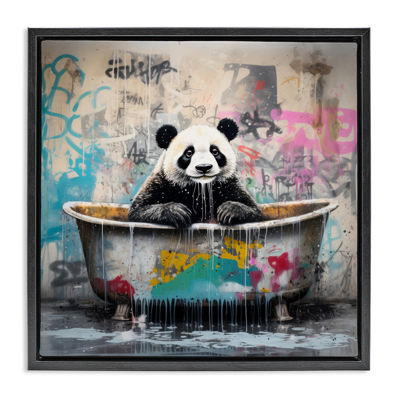 «Graffiti Bathing Panda», art mural encadré flottant par Lazar Studio, Cadre flottant noir de jais, H 18 po x l 18 po