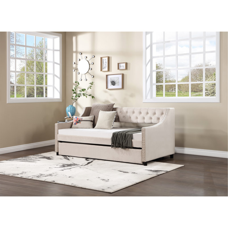 Darikson Extendable Fabric Upholstered Daybed, Full, Light Beige