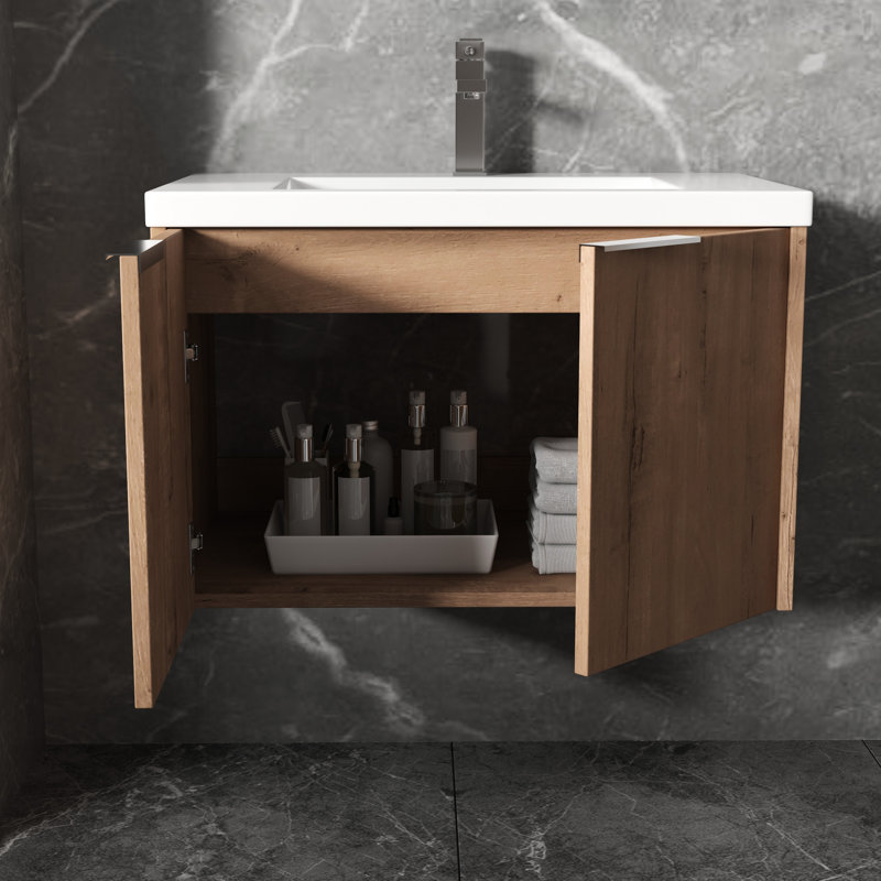 Lavabo de salle de bain en résine 30 po - Portes à fermeture douce, rangement spacieux, design moderne, imitation chêne flottant avec 30 pouces, tablette ouverte, moderne, rangement