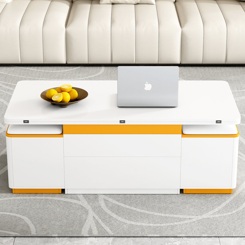 Table basse pliante rembourrée avec 4 tabourets hauts de couleur blanche et dorée, 3 configurations pour les repas à la maison
