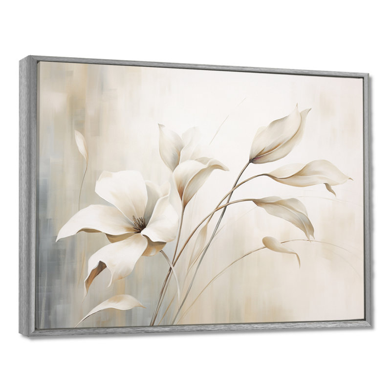 Élégance botanique blanche III - Botanique abstraite, art mural, H 34 po x l 44 po x P 1,5 po, Encadrement argenté
