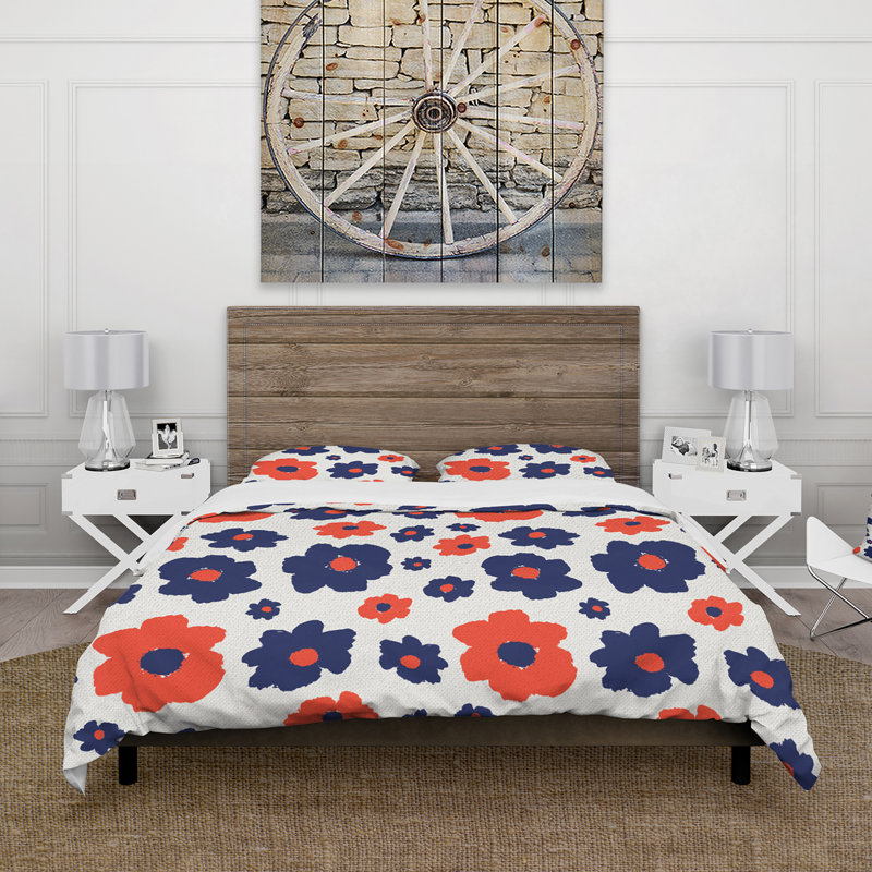 Fleurs orange et bleues rétro - ensemble de housse de couette moderne - microfibre de polyester