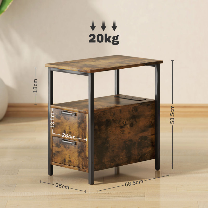 Allisha Side Table with Charging Station, 2 Drawers and Shelf, Rustic Brown