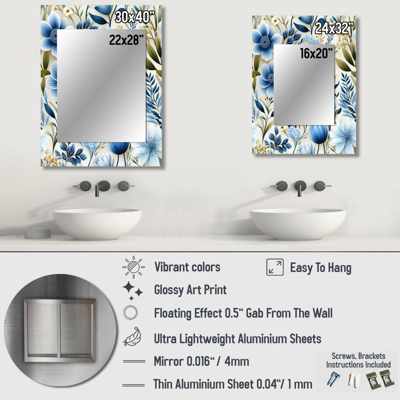 Charquita White And Blue Ranunculus Fauna Pattern - Floral Decorative Wall Mirror, Cottage Mirror, Printed Metal Art