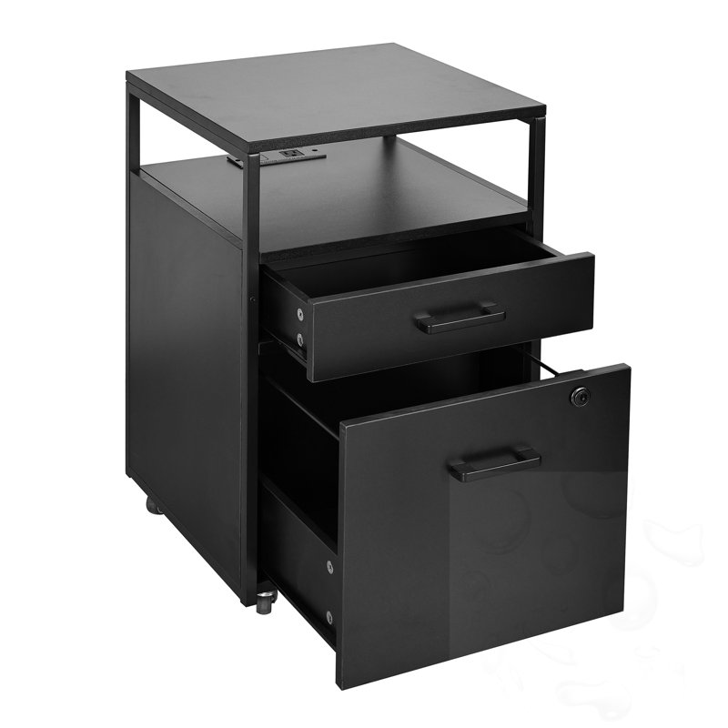 Armoire de rangement roulant avec tiroir classeur verrouillable et 2 ports de chargement USB et prise de courant, Black