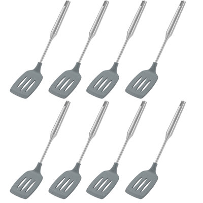 YBM Home Cuillères à cuisson antiadhésives en silicone, outils de cuisine en plastique résistant à la chaleur pour mélanger, frire, servir, égoutter, tourner et remuer, avec poignée en acier inoxydable, bleu, ensemble de 8