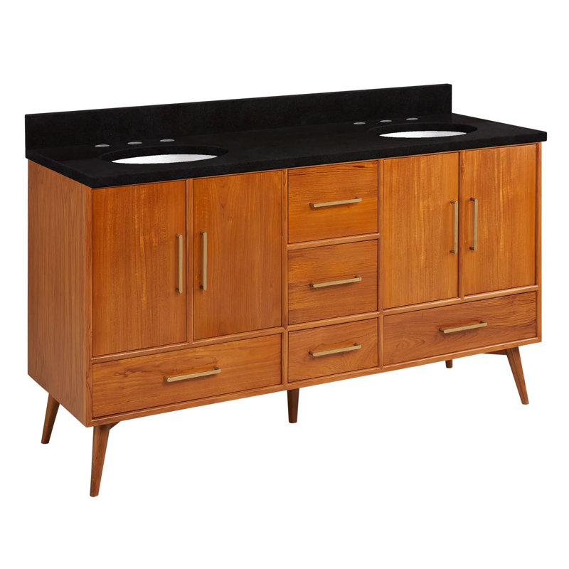 60" Novak Double Bathroom Vanity Set with Oval Undermount Sinks, Natural Teak, 8" Widespread, Feathered White Quartz