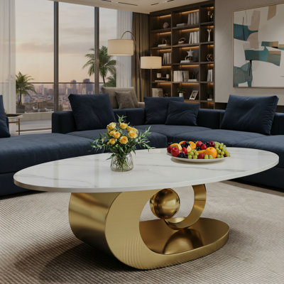 Une table basse en pierre frittée moderne avec une base en acier inoxydable, élégante et durable, une pièce maîtresse pour votre salon