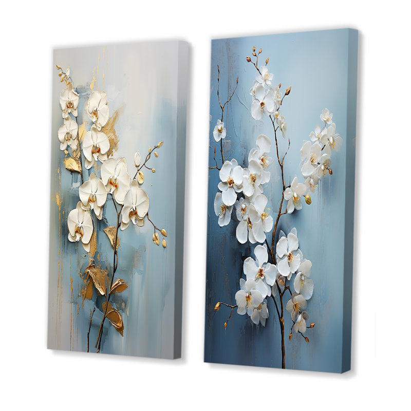 Orchidées beiges et dorées - ensemble d'art mural en toile sur 2 orchidées, Toile tendue, H 28 po x l 25 po