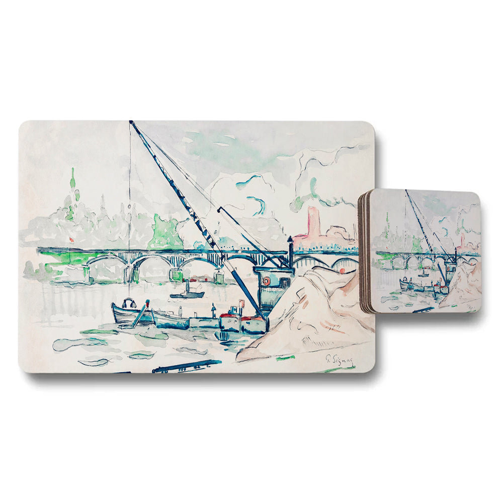 Watercolor Harbor Scene Placemats And Coasters Set With Boats And Bridge