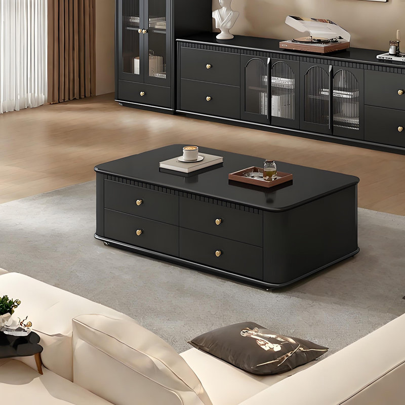Table basse style français avec verre nervuré, Noir, H 16,53 po x L 51,18 po x l 27,55 po