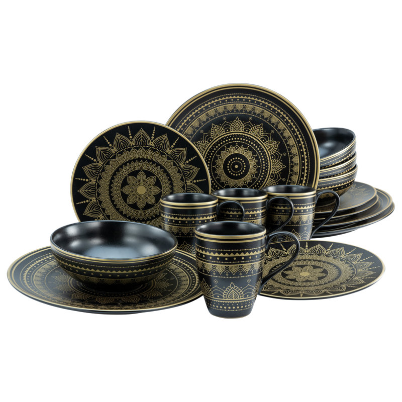 16-Pcs. Tableware Set Mandala Gold-Black Out Of Earthenware For 4 Persons