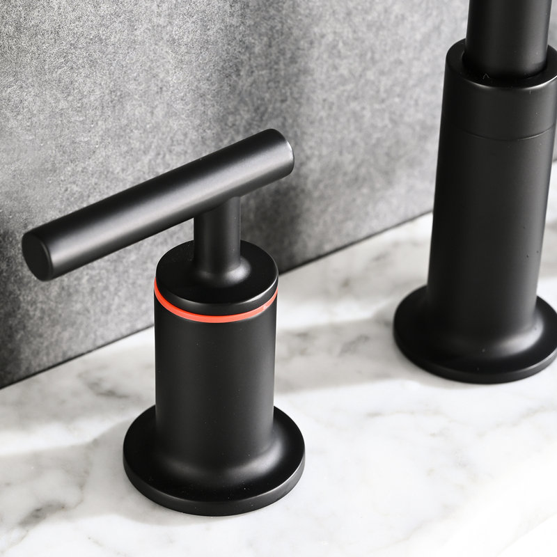 Matte Black Bathroom Faucet 8 In. Widespread With Double Handles And Pop Up Drain - Solid Brass, 360 Swivel, Drip- Ceramic Disc Valves, Flow Spout, 1.5 Gpm, Easy To Install, Rust & Tarnish Brass