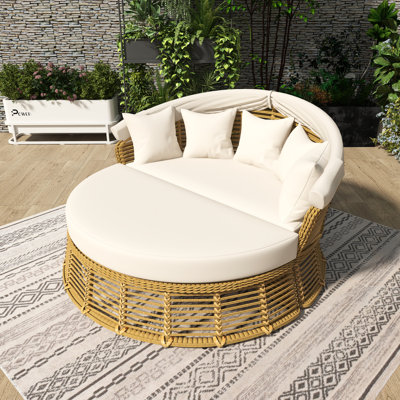 Outdoor Patio Rattan Round Daybed With Retractable Canopy With Removable Cushions