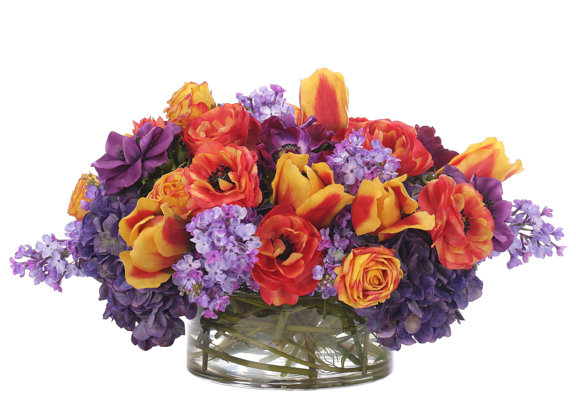Hydrangea Ranunculus, Purple Orange, Glass Bowl, 24wx23dx12h