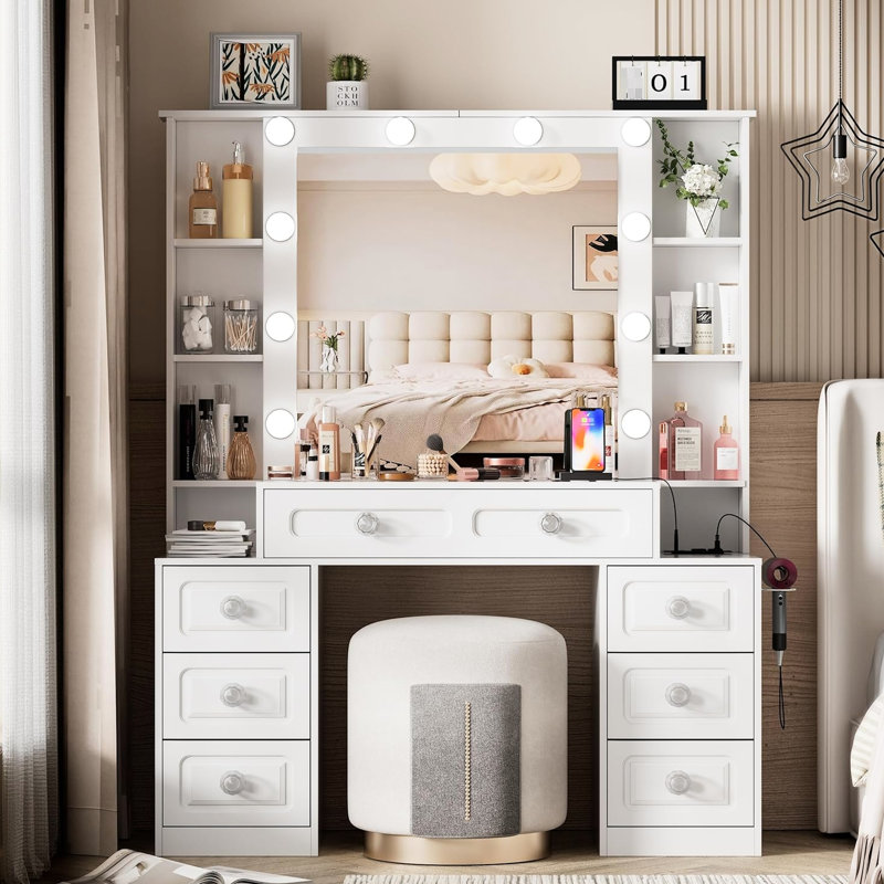 Meuble-lavabo pour femme avec lumières, miroir, 7 tiroirs, tabouret, luminaire - Accessoires de table réglables et alimentés