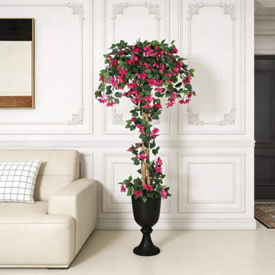 6FT Artificial Bougainvillea Tree with Silk Flowers & Natural Trunk, UV Resistant Faux Tree for Indoor Outdoor