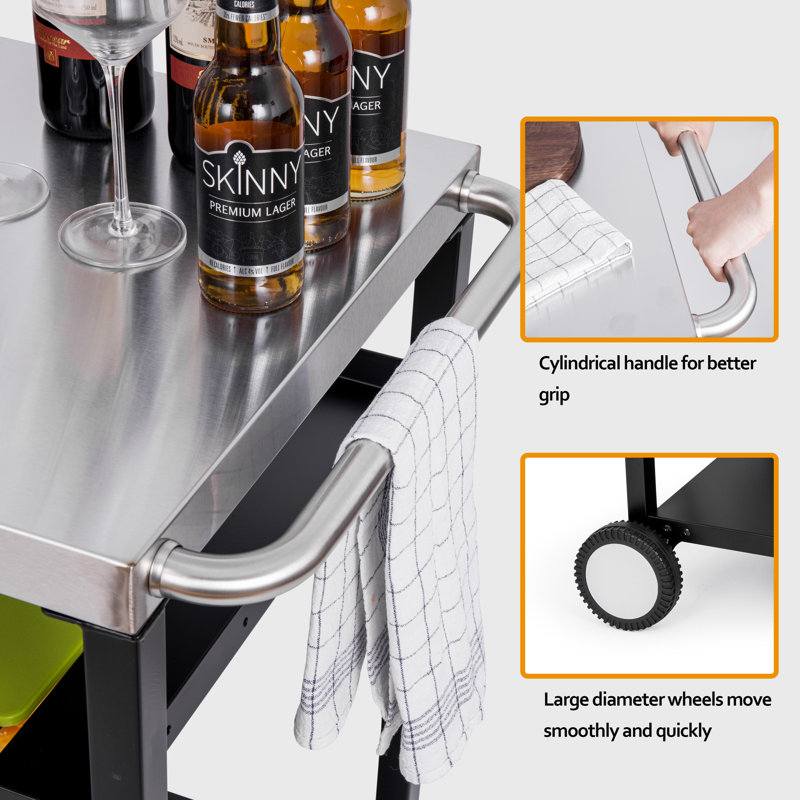 Silver and Black Steel Outdoor Grill Cart with Shelves