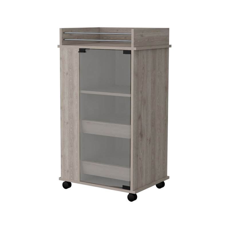 Modern Bar Cart with Casters, Glass Door and 2-Side Shelf, Gray