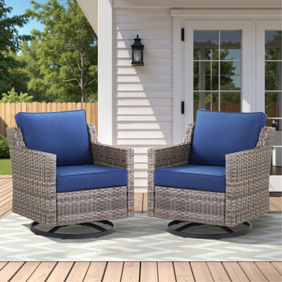 Outdoor Swivel Rocker Patio Chairs Set Of 2, Grey Wicker Furniture Swivel Patio Chairs Ideal For Porch, Poolside, Deck, And Yard In Blue