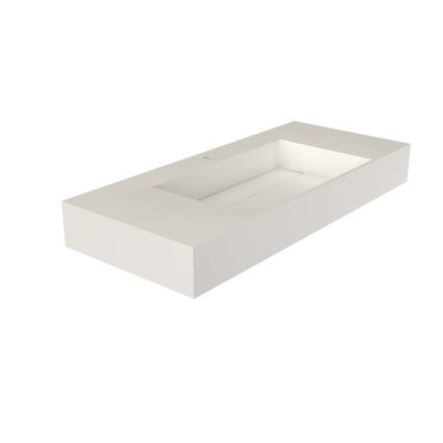 42-inch Solid Surface Basin with Waterfall Edges, Single Faucet Hole, Integrated Drain Tray, and Repairable Non-Porous Surface for Long-Lasting Bathroom Elegance.