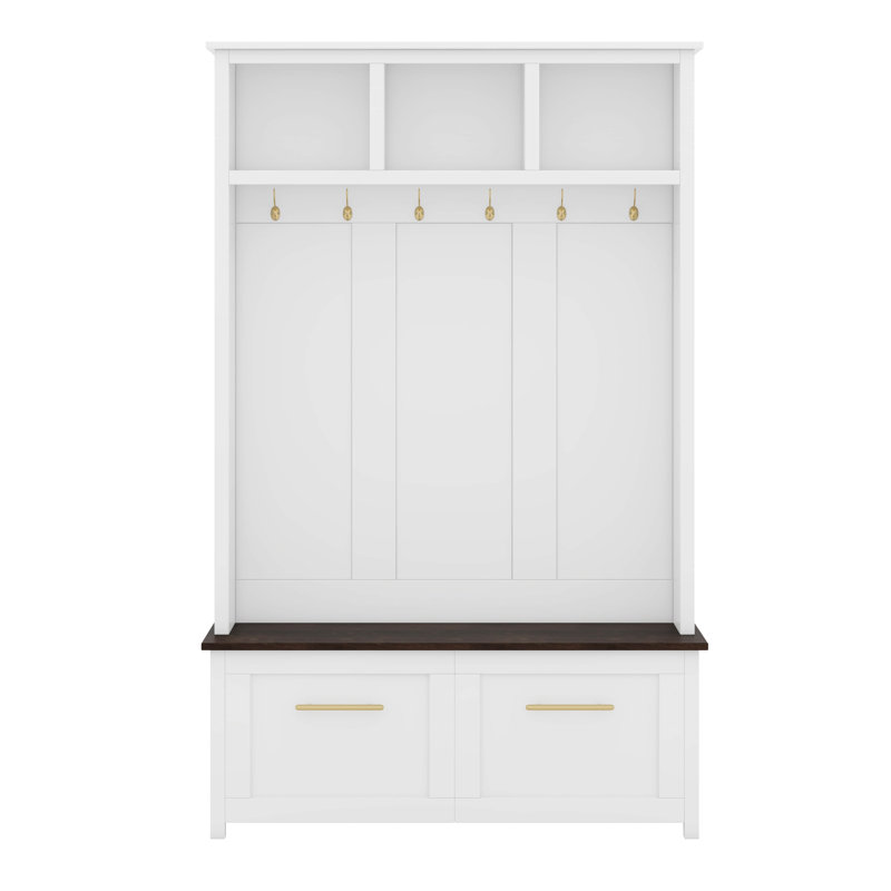 4-In-1 Hall Tree With 6 Golden Hooks, Wood Grain Bench With Multiple Storage Space, Entryway Coat Rack With 2 Drawers, White