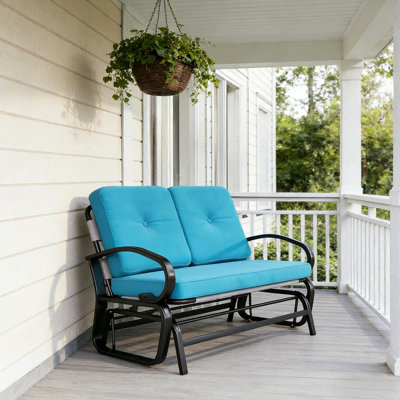 Fauteuil oscillant d'extérieur pour 2 personnes avec filet respirant bleu, glissade et coussins, pour balcons de patio, capacité de poids de 396 lb, tissu à 2 bancs, structure en acier confortable, patio idéal, porche,