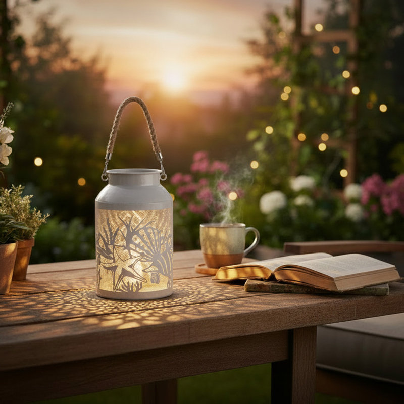 Metal Lantern W/ Rope Handle Undersea Gray