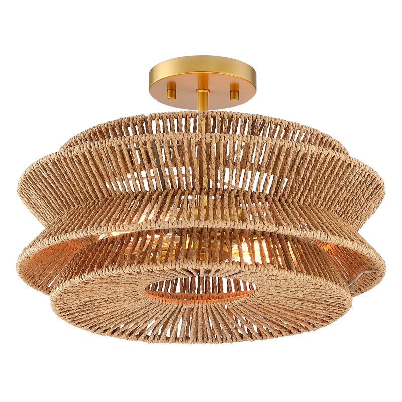 16 In. 2-light Bohemian Woven Rope Semi-flush Mount Ceiling Light, Brown