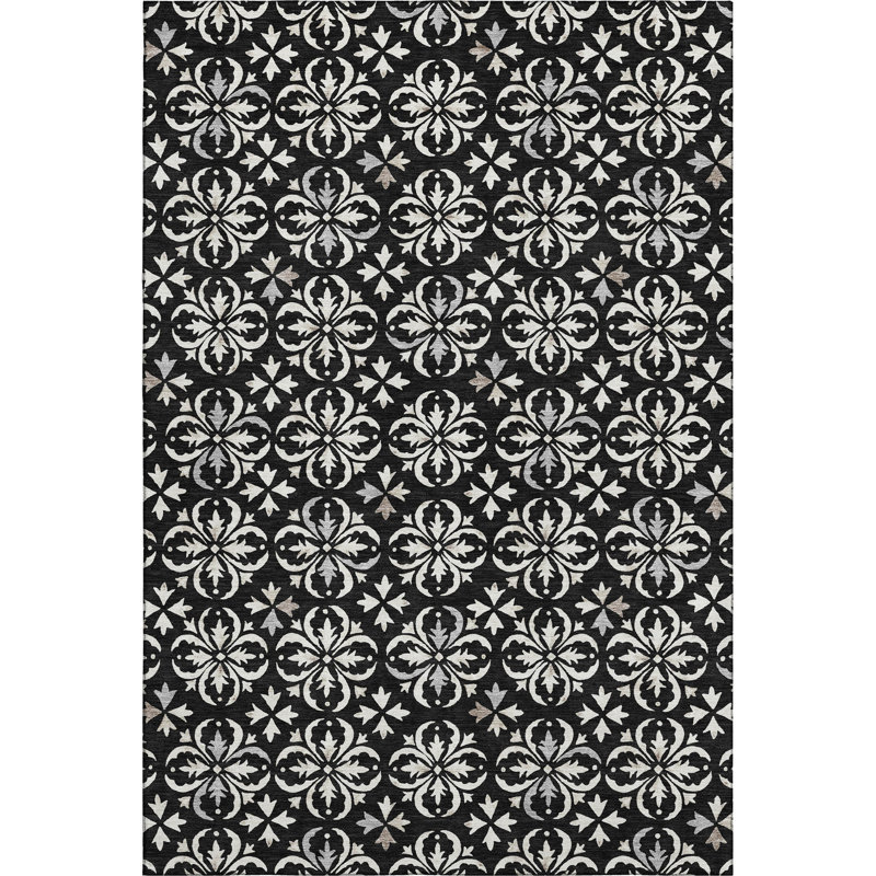 Premium Machine Washable Prisco Black Rug, Rectangle 2'6" x 3'10"
