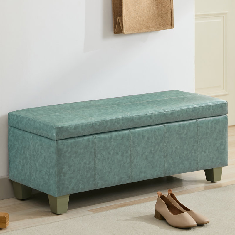 Green Faux Leather Tufted Storage Ottoman with Wooden Legs