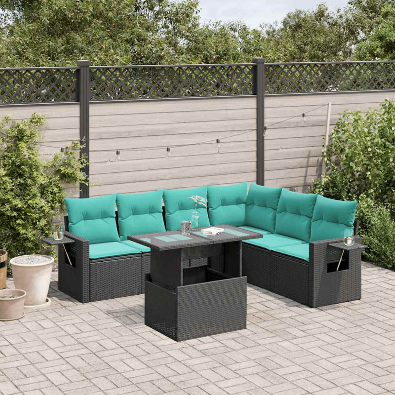 Ensemble de canapé de patio 7 pièces avec coussins en rotin de polyester, Bleu clair, Noir