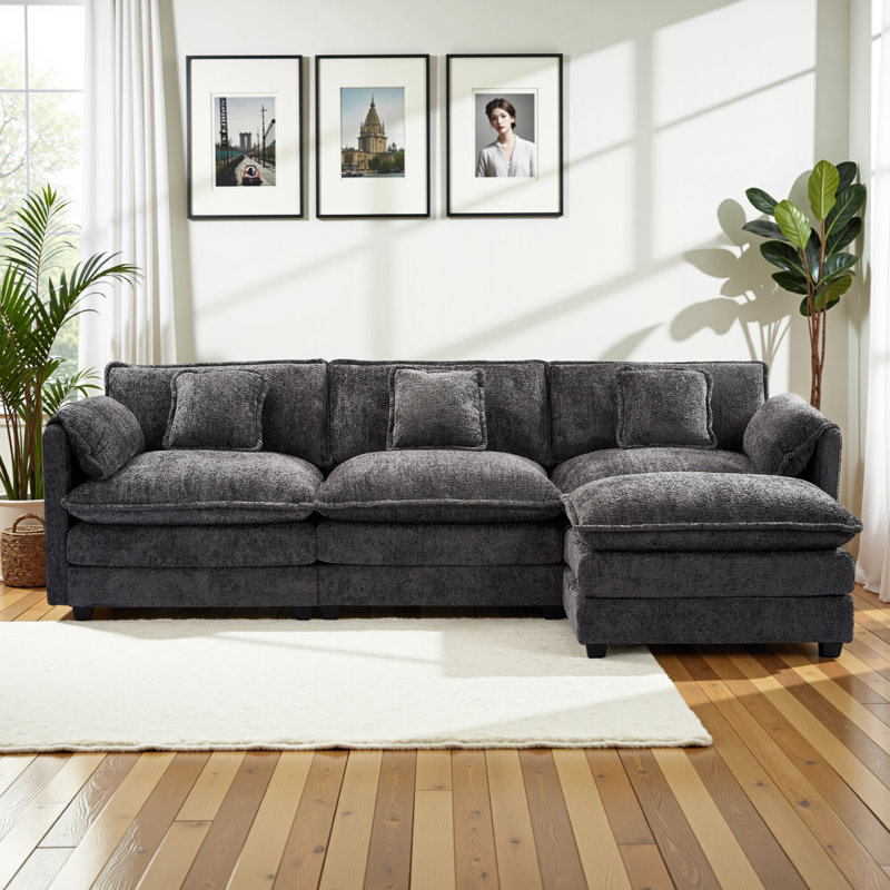 112" Chenille Oversized Cloud Couch - L-Shaped Modular Sleeper with Ottoman & Memory Foam for Living Room - Modern Grey Comfort