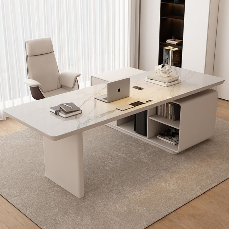 Bureau rectangulaire en pierre blanche et bois manufacturé avec tiroirs, 29.53" H x 78.74" W x 47.24" D, Retour à gauche