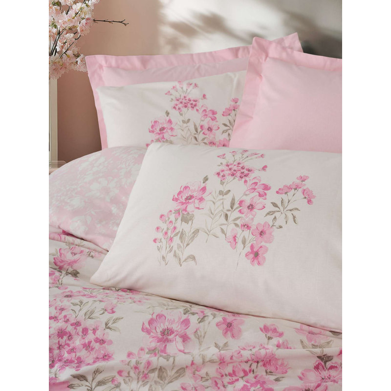 Ensemble de housse de courtepointe Luxury Rose Ranforce, 100% coton, housse de couette (63 x 87), drap plat (71 x 95), taie d'oreiller (20 x 28) | Lavable à la machine, enveloppe et fermeture à boutons, douce et respirante, parfaite pour les chambres élégantes