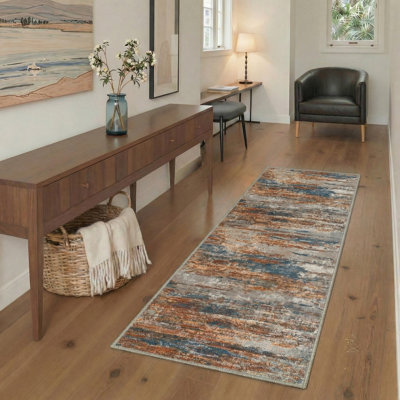Verve Abstract Brush Strokes Machine Washable Rustic Azure Indoor Area Rug With Non-Slip Backing