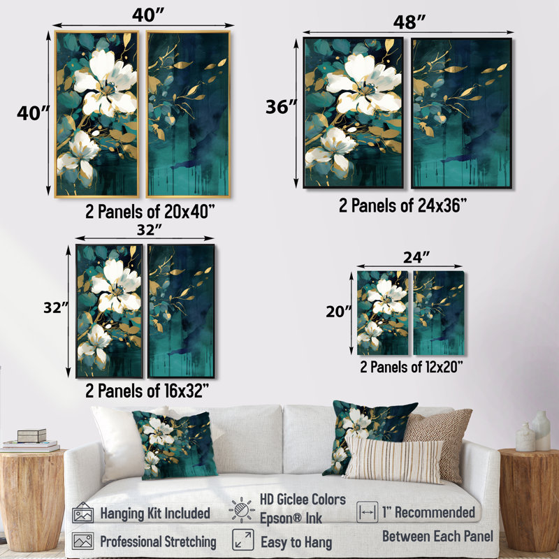 Grandes fleurs blanches bleu sarcelle dans le chaos III - grande décoration florale, 36" H x 48" W, Black