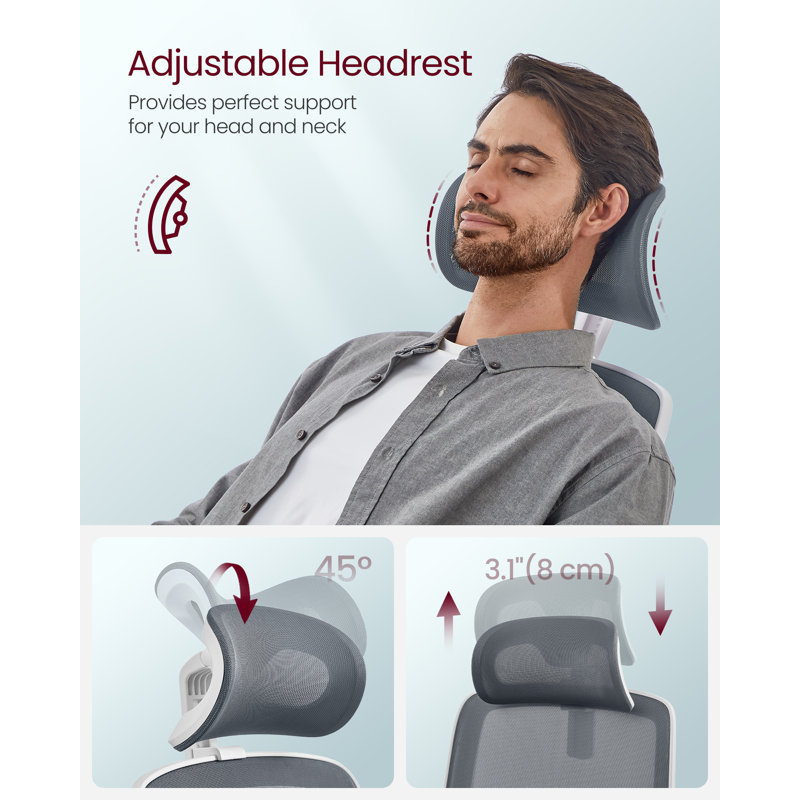 VASAGLE Office Chair, High Back Desk Chair, Mesh Computer Chair, Lumbar Support, Ergonomic Design, Foldable Armrests, Adjustable Headrest, Tilt Function, For Home Office, Dove Grey