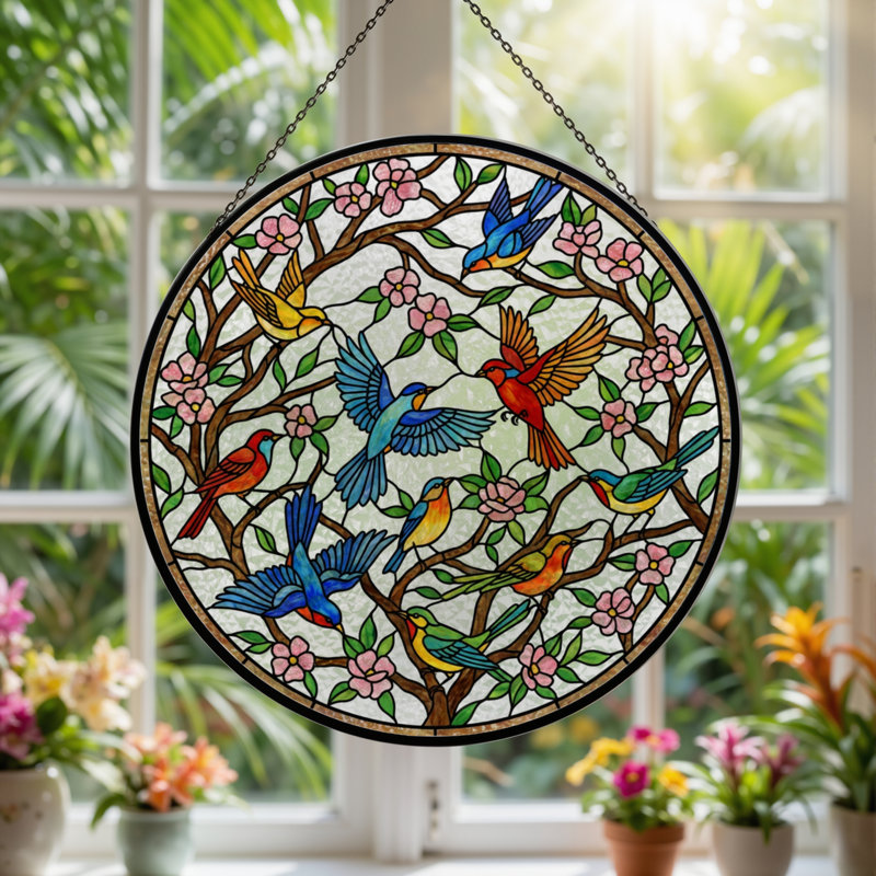 Panneau de vitrail 12 "H Birds Flowers, H 12 po x l 12 po