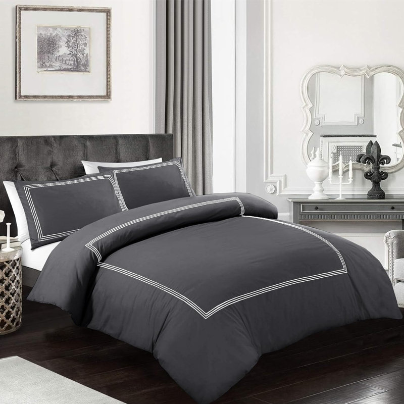 Cotton Blend Duvet Cover Set with Pillowcases Included, Charcoal/White, Super King Duvet Cover + 2 Pillowcases