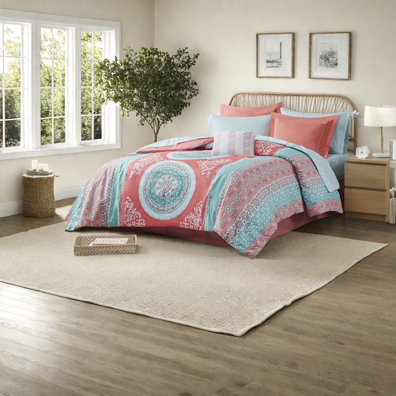 Boho Bedding Sets With Coral Polyester Comforter, Complete Bedroom Décor