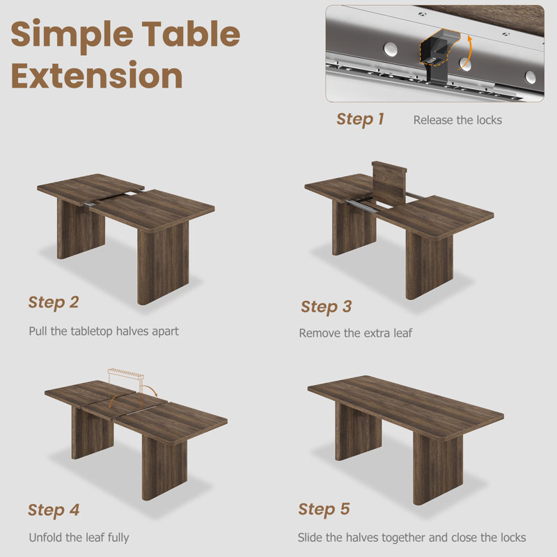 Extendable Dining Table Set for 8‑10 People, 63"‑82.68" Rectangular Table with Rounded Corners, Cotton Linen Upholstered Chairs for Kitchen & Dining Room