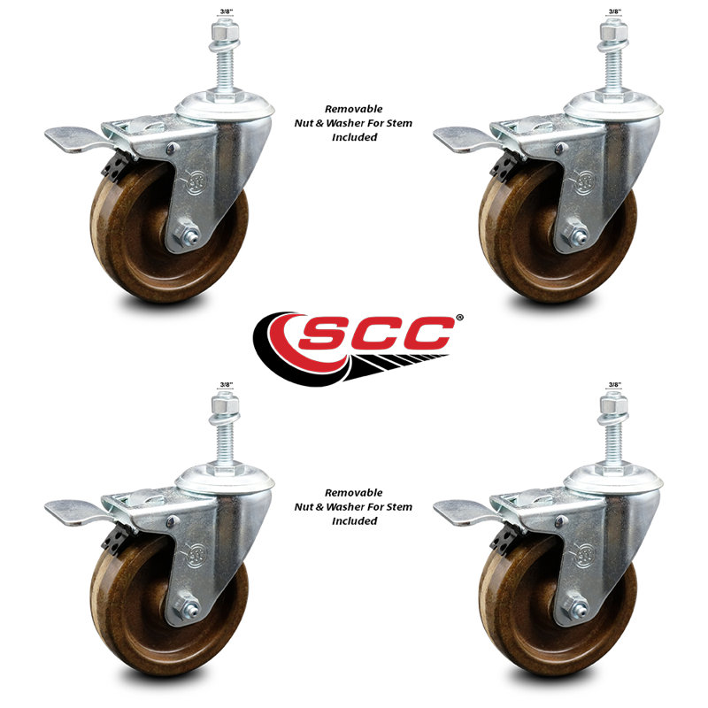 4 Inch High Temp Phenolic Swivel 3/8 Inch Stem Caster Set with Total Lock Brake