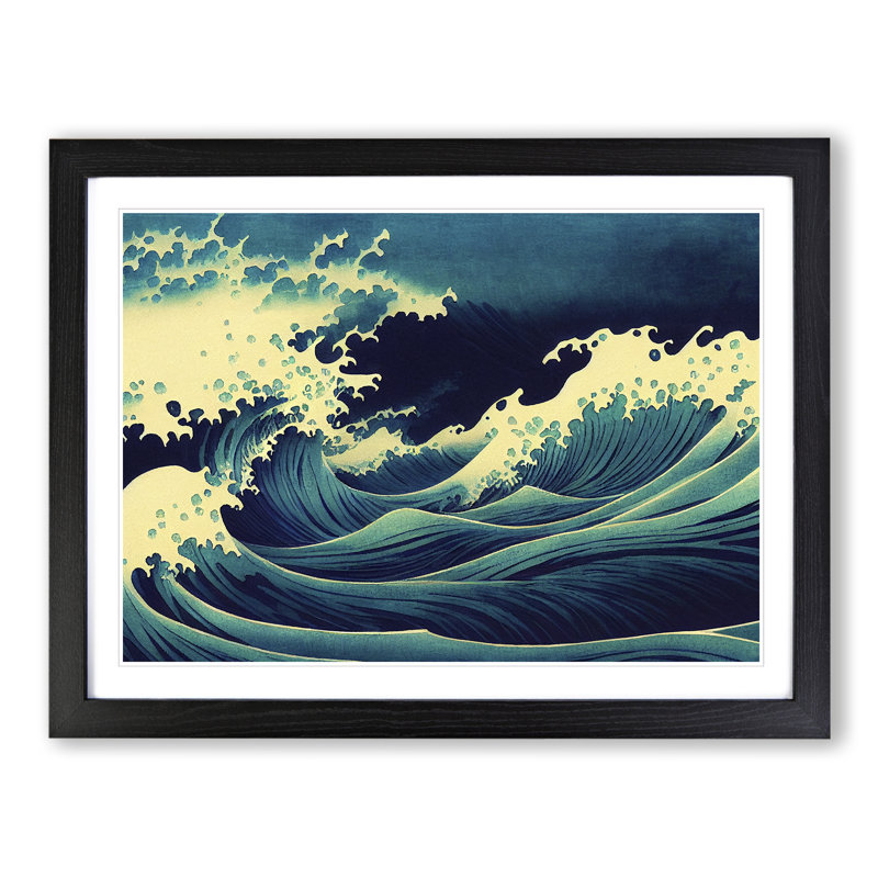 Japanese Waves Crashing Vol.2 - Single Picture Frame Print, 25cm H x 34cm W x 2cm D, Black Framed