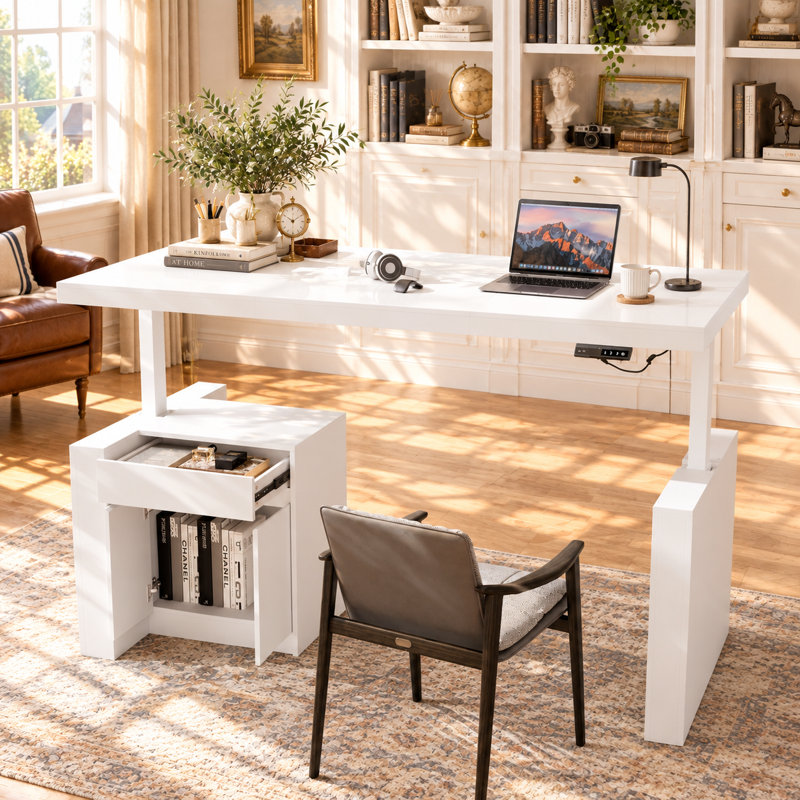 70.9" W L-Shaped Electric Standing Desk with 4 Height Presets, Side Storage Cabinet and Drawer, White