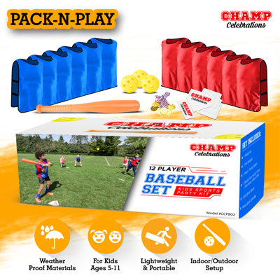Ensemble de baseball tout-en-un Machrus Champ Celebrations - Sac de fête pour enfants, 12 maillots, bases de terrain