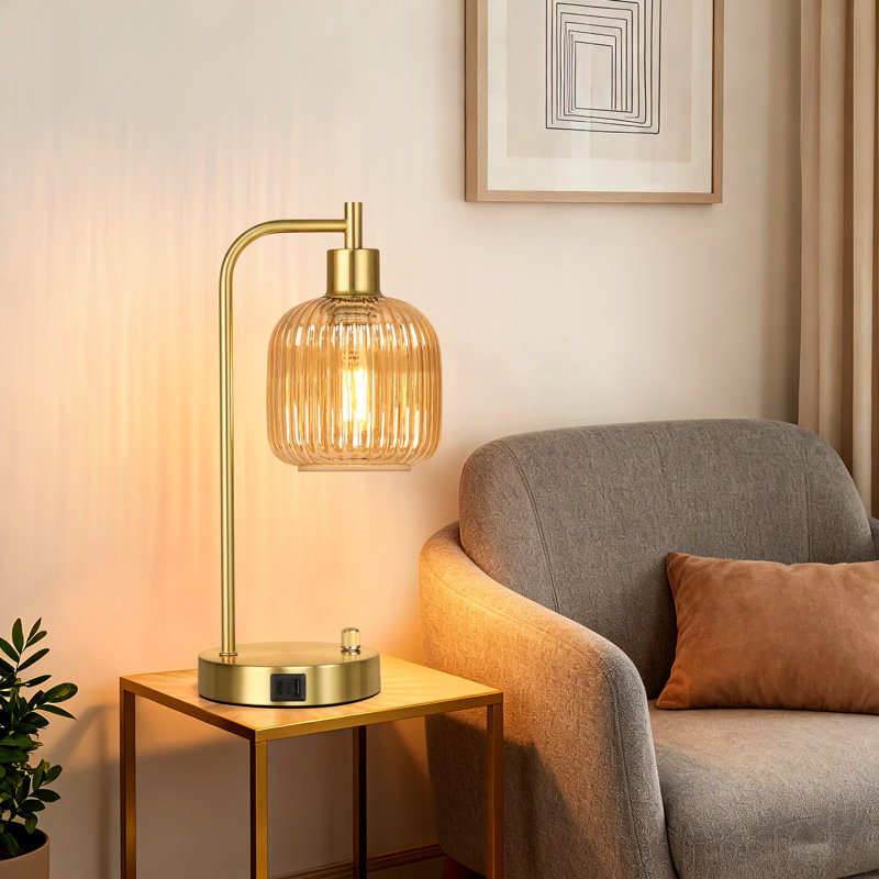 Cream Glass Table Lamps With Usb A&C Ports Set Of 2 For Bedroom, Cream, Gold
