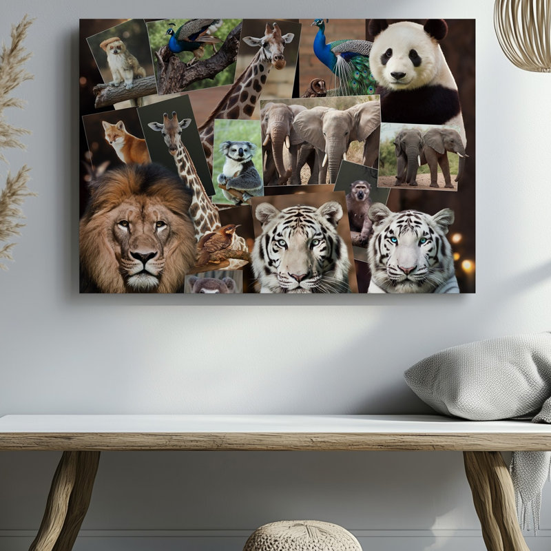 Toile, "Un collage vibrant de divers animaux remplit la scène", H 9 po x l 12 po