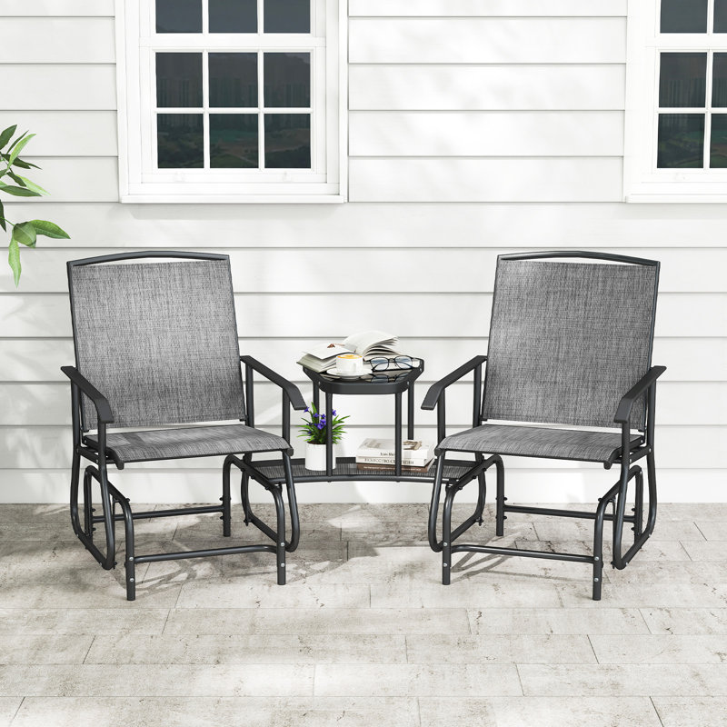 Banc à bascule d'extérieur 2 places avec table centrale à 2 niveaux, siège en tissu mesh gris respirant
